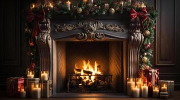 fireplace at christmas , christmas fireplace decorations. AI Generated photo