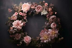 Subtly textured wreath of light pink painted flowers. AI Generated photo