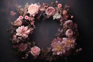 Subtly textured wreath of light pink painted flowers. photo