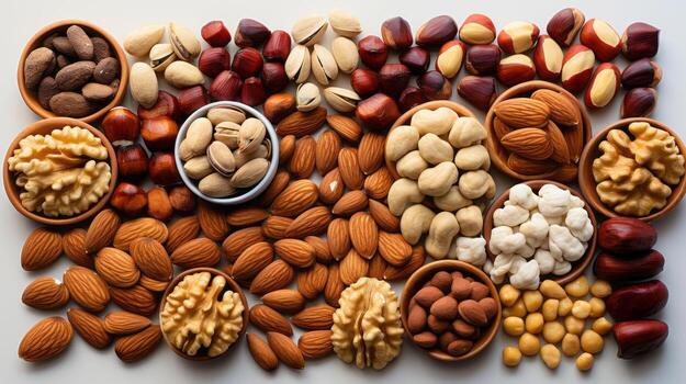 healthy nuts in the morning in a single layer on white background. photo