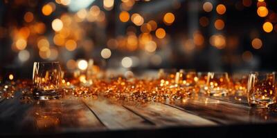 bokeh background with gold lights on a table . photo