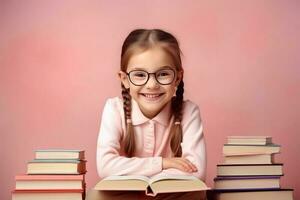 portrait of a happy child little girl with glasses sitting on a stack of books and reading a books, light pink background. AI Generated photo
