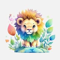 A cute illustration of a baby vintage watercolor lion. photo