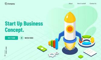 Start Up Business Concept Based Landing Page with Successful Launching Project of Rocket. vector