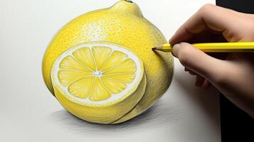 3D Art Presenting Image of Hand Drawing Realistic One Whole Lemon and Cut Slice with Pencil. Generative AI. photo