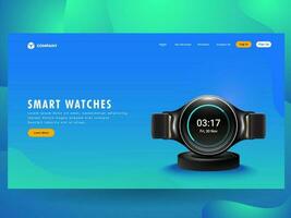 Landing Page or Hero Image with Realistic Smart Watch on Cool Background. vector