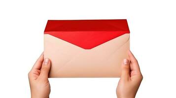 Top View Photo of Female Hand Holding Open Envelope on White Background.