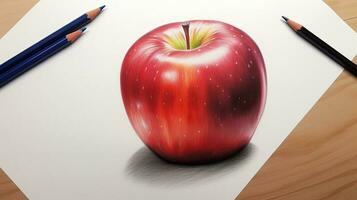 3D Art Image of Realistic Drawing A Red Apple with Pencil Illustration. Generative AI. photo