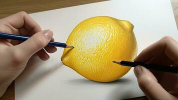 3D Art Presenting Image of Hand Drawing Realistic Lemon with Pencil. Generative AI. photo