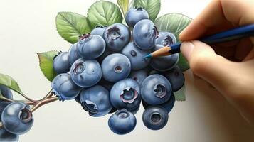 3D Art Presenting Image of Hand Drawing Realistic Blueberry with Pencil. Generative AI. photo