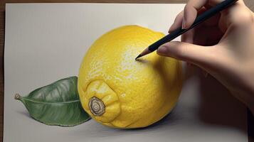 3D Art Presenting Image of Hand Drawing Realistic Lemon with Pencil. Generative AI. photo