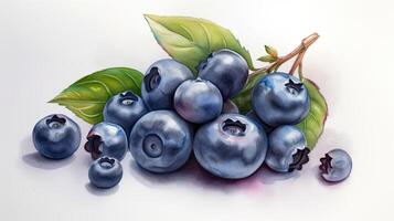 A Fruit Image of Realistic Blueberries with Leaves on White Background. Generative AI. photo