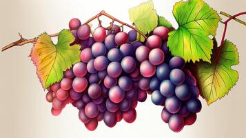 A Fruit Painting of Realistic Grapes Vine Branch Hang Illustration. Generative AI. photo