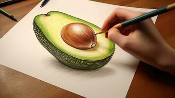 3D Art Presenting Image of Hand Drawing Realistic Avocado with Pencil. Generative AI. photo