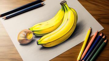 3D Art Image of Realistic Drawing Banana with Pencil Illustration. . photo