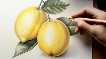 3D Art Presenting Image of Hand Drawing Realistic Lemon Branch with Pencil. . photo