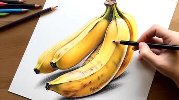 3D Art Presenting Image of Hand Drawing Realistic Banana Bunch with Pencil. . photo
