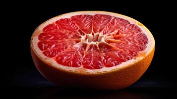 3D Art Image of Half Cut Juicy Grapefruit Slice Isolated on Black Background. . photo