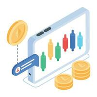 An isometric icon of bitcoin analytics vector