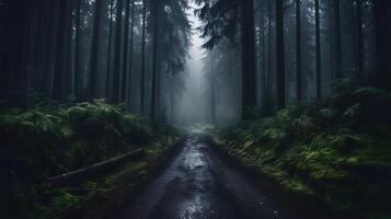 a beautiful shot of a forest surrounded by trees in the forest during the mist , photo