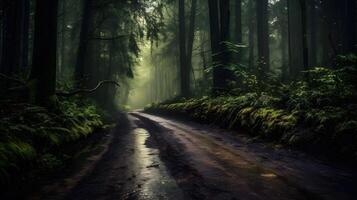 a beautiful shot of a forest surrounded by trees in the forest during the mist , photo