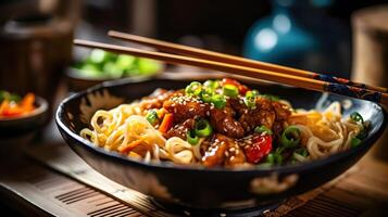 close up view of delicious asian food , photo