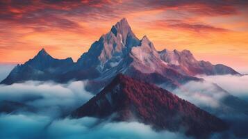 beautiful mountain landscape with clouds and sunrise , photo