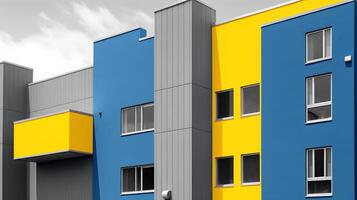 azul y amarillo edificio en el ciudad generativo ai, ai generado foto