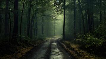 a beautiful shot of a forest surrounded by trees in the forest during the mist , photo