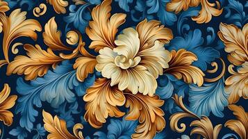 Blue and Gold abstract floral background , photo