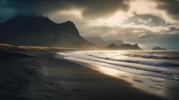 puesta de sol en el playa de Islandia generativo ai, ai generado foto