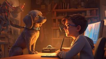 a boy and dog in the library , photo