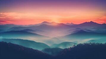 beautiful mountain landscape with clouds and sunrise , photo