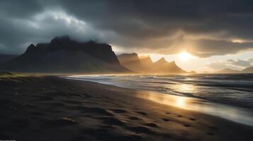 sunset on the beach of iceland , photo