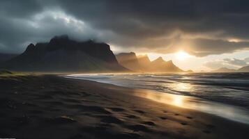 puesta de sol en el playa de Islandia generativo ai, ai generado foto