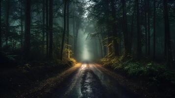 a beautiful shot of a forest surrounded by trees in the forest during the mist , photo