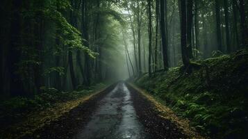 a beautiful shot of a forest surrounded by trees in the forest during the mist , photo