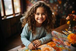 Girl holding a paintbrush, facing the camera, drawing on a wooden table, children's room background. AI Generated photo