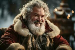 un contento y alegre Papa Noel claus en pie por un trineos en norte polo.. ai generado foto
