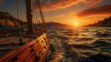 A boat with sail wheel at sunset, in the style of photorealistic pastiche. photo
