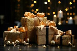 A group of gold wrapped presents with bows and ribbons. AI Generated photo