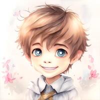 Face of Kawaii boy smiling Watercolor Clipart HAPPY. AI Generated photo