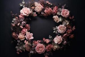 Subtly textured wreath of light pink painted flowers. AI Generated photo