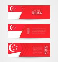 Set of three horizontal banners with flag of Singapore. Web banner design template in color of Singapore flag. vector