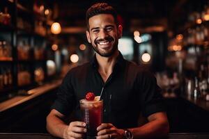 retrato sonriente barman mezclas un cóctel en un criba vibradora. ai generado foto