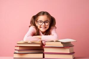 portrait of a happy child little girl with glasses sitting on a stack of books and reading a books, light pink background. photo