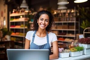 Portrait Cheerful female store owner with a laptop, side view, blurred stationery store background. AI Generated photo