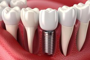 Dental implantation, teeth with implant screw, illustration. photo