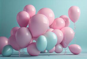 Pink balloons on a pastel blue background. 3d render illustration. photo