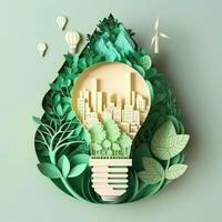 Paper art , renewable energy with green energy as wind turbines , Renewable energy by Carbon neutral energy , Energy consumption and CO2, Reduce CO2 emission concept. photo